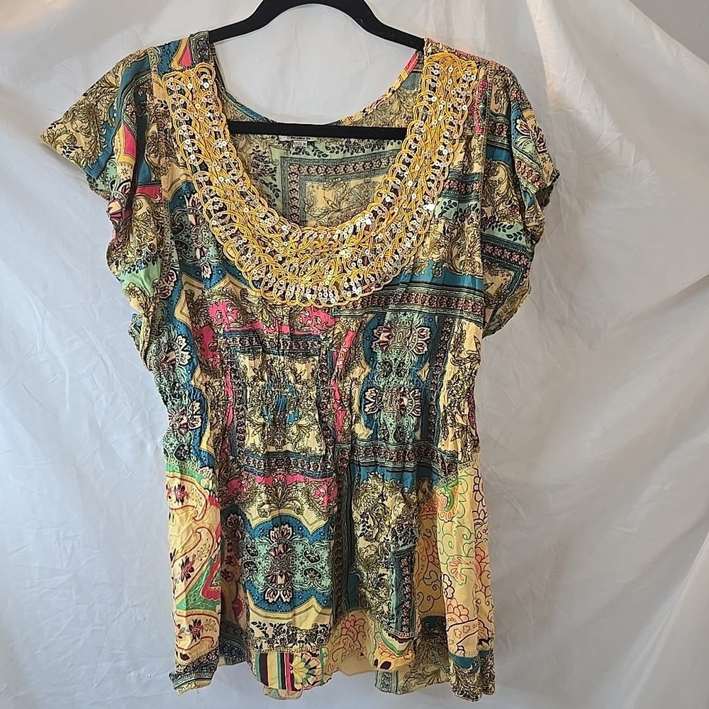 Oneworld Top Boho Peasant Fairy Artsy Gypsy Smocked Sequins Patchwork Paisley 1X